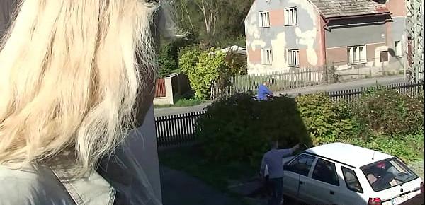  Her hubby fucks busty blonde mother in law outside